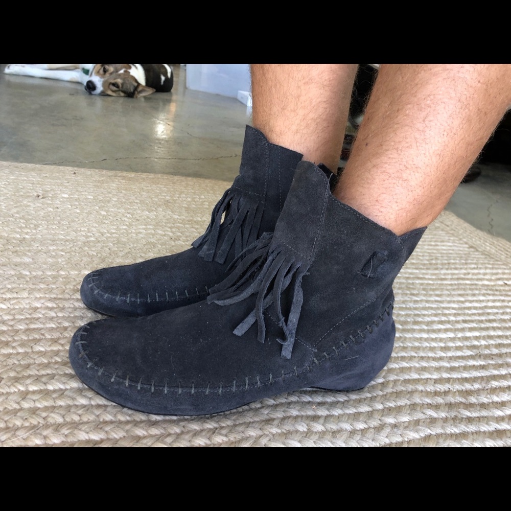 Dark Blue Gray Suede Booties Moccasins